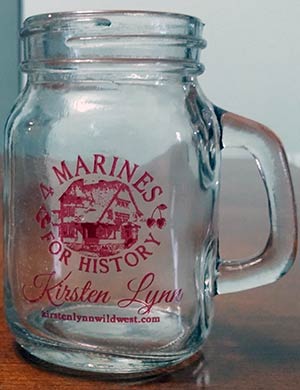 4 Marines For History mason jar shot glass, clear with maroon logo